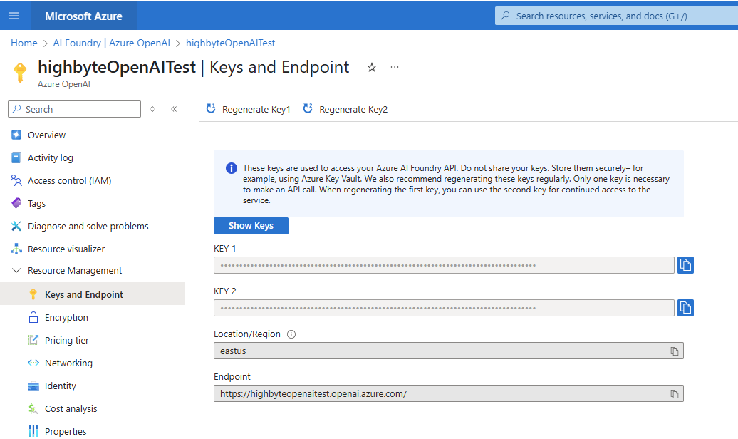 Azure OpenAI Connection Settings
